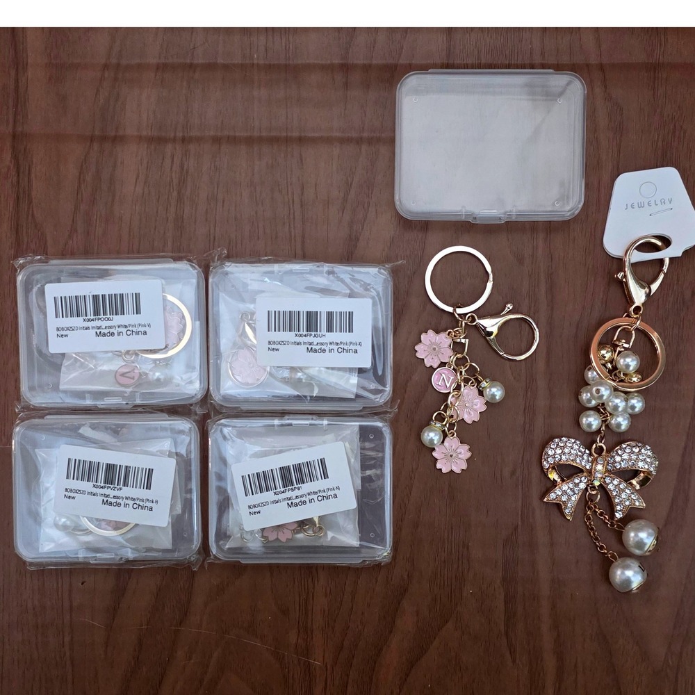 6pc Bag Charm Lot Sakura Cherry Blossom Initial & Rhinestone Bow Pearl Keychain